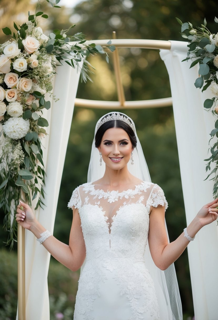 A bride in a traditional Jewish wedding gown with modest flair, adorned with delicate lace and intricate embroidery, standing under a chuppah