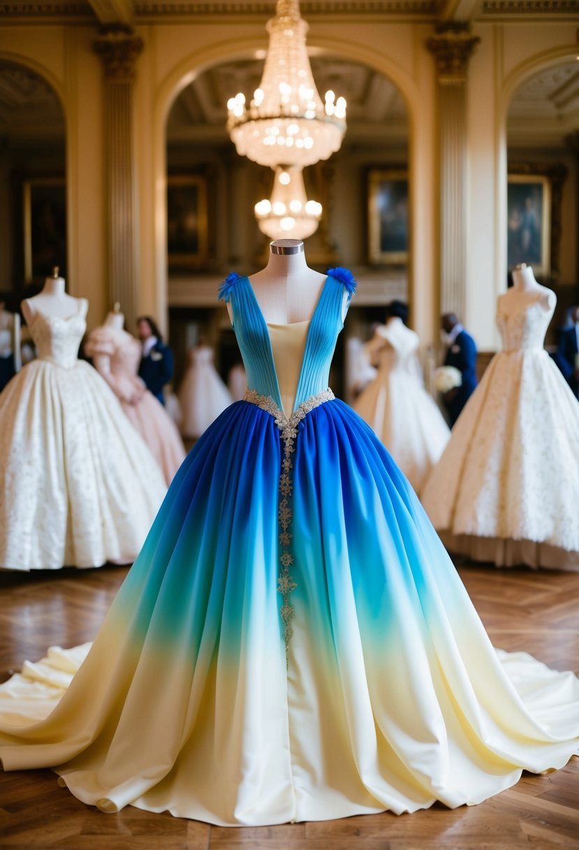 A grand ballroom with a blue ombré boho ball gown from the 1800s, surrounded by vintage wedding dress ideas