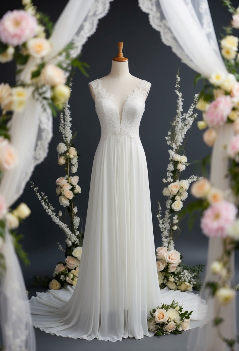 A flowing chiffon wedding dress on a mannequin, surrounded by delicate lace and floral accents