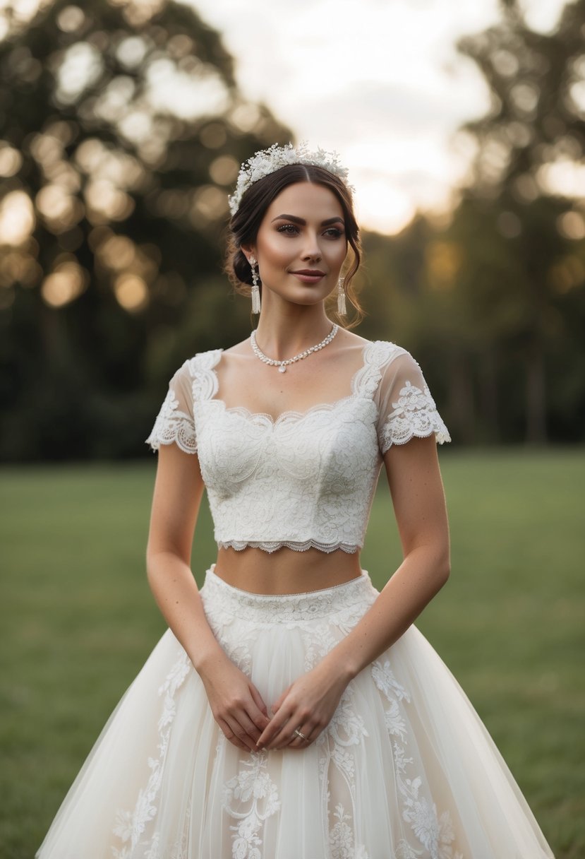 A bride in a 1800s-inspired wedding set with a crop top and tulle skirt, adorned with delicate lace and intricate embroidery