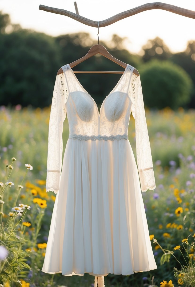 A bohemian chic knee-length wedding dress hangs from a vintage wooden hanger, surrounded by wildflowers and draped with delicate lace fabric