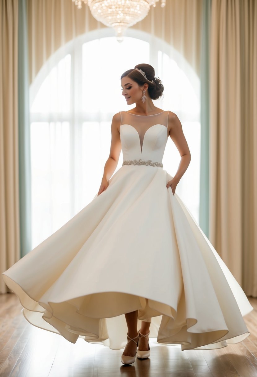 A bride twirls in a tea length wedding dress with a modern twist, showcasing the unique design and elegant silhouette