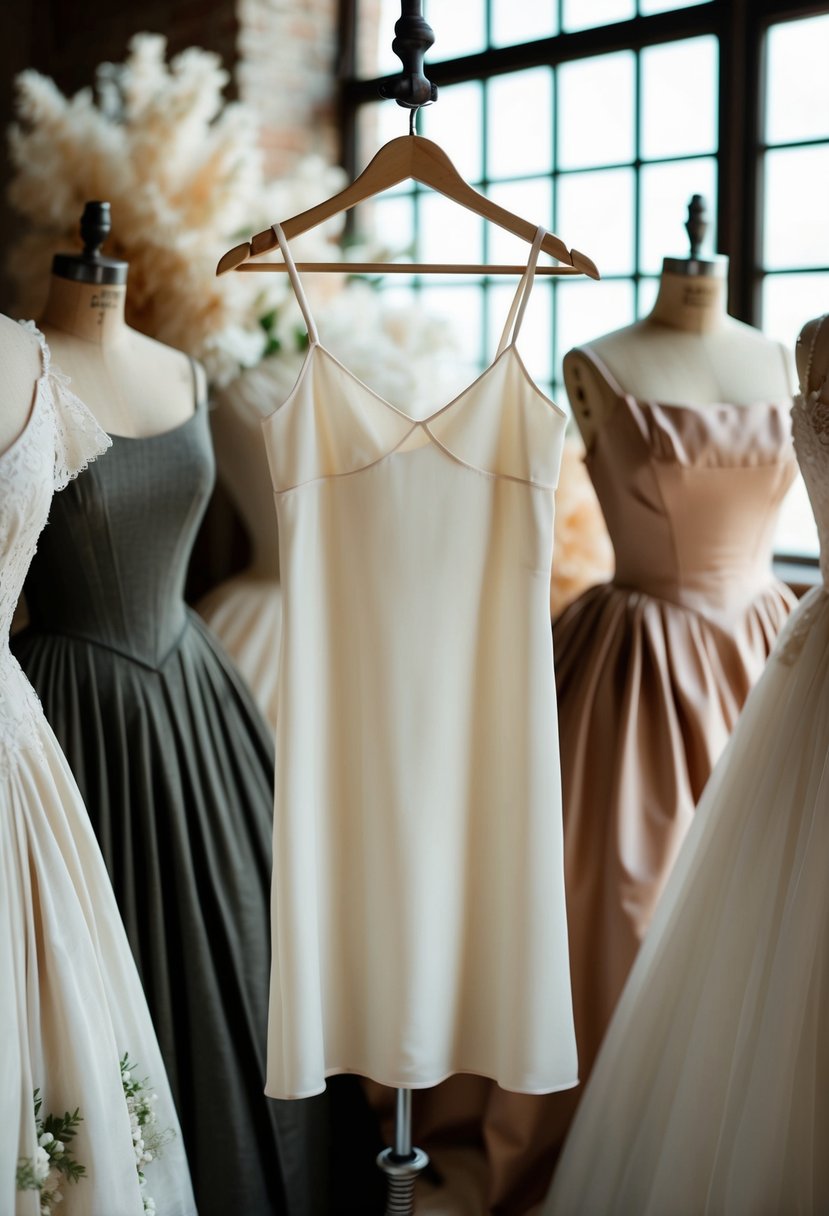 A simple slip dress with delicate straps hangs on a vintage mannequin, surrounded by 1800s gowns for wedding dress inspiration