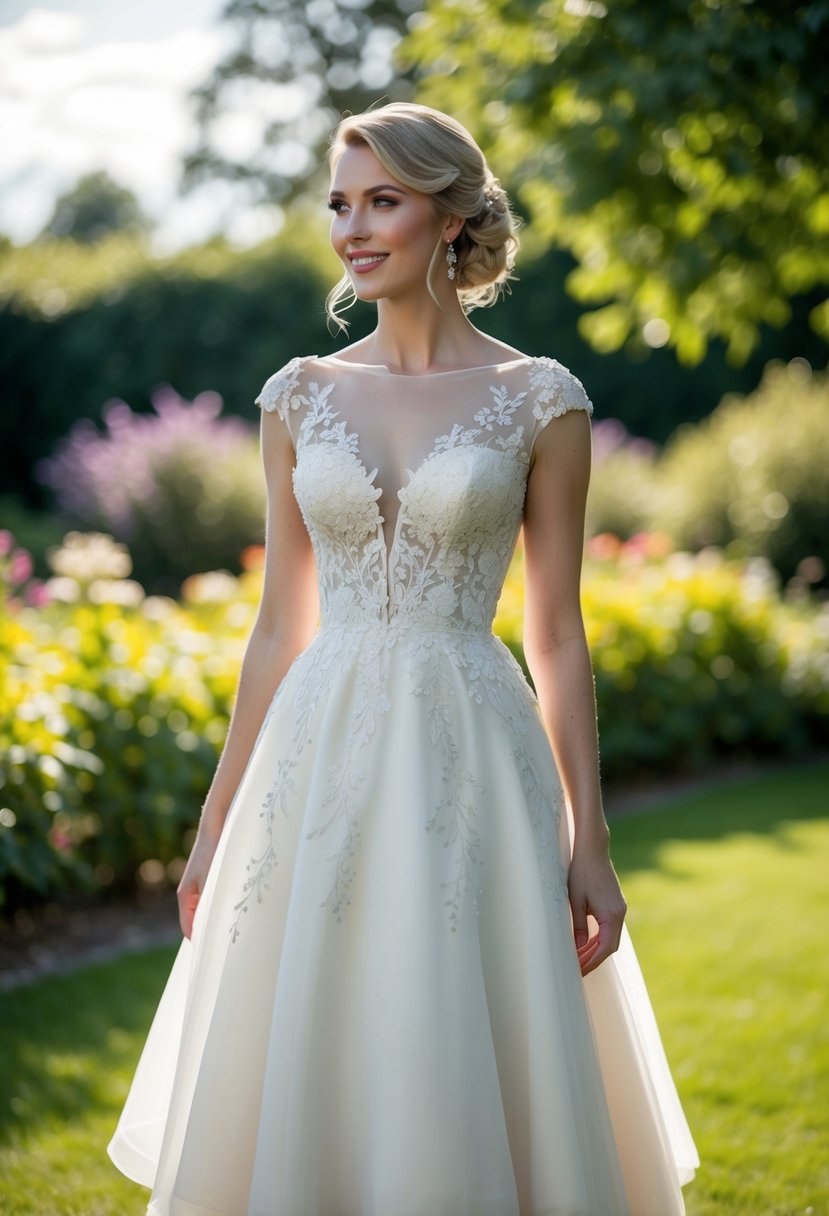 A bride standing in a garden, wearing a knee-length wedding dress adorned with delicate floral appliques. The sun is shining, casting a soft glow on the dress