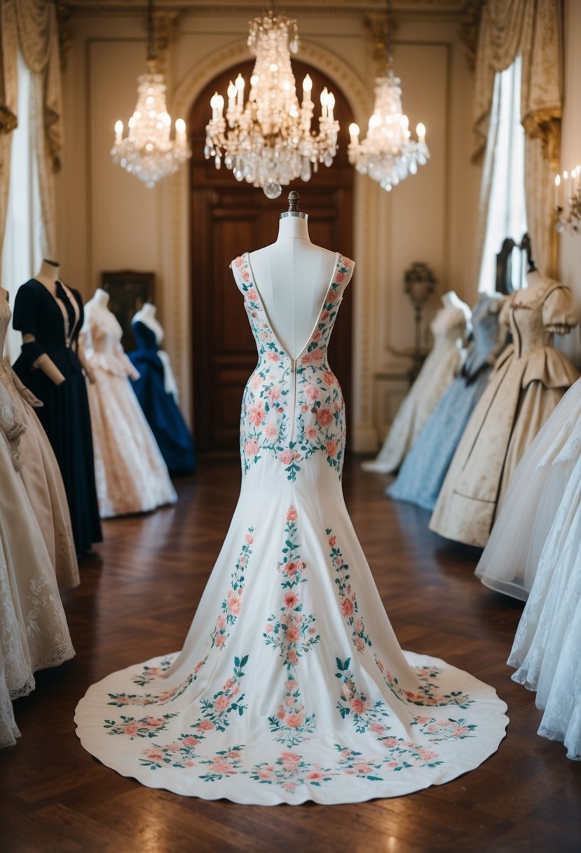 A grand ballroom with a vintage floral applique gown displayed on a mannequin, surrounded by antique 1800s gowns for wedding dress inspiration