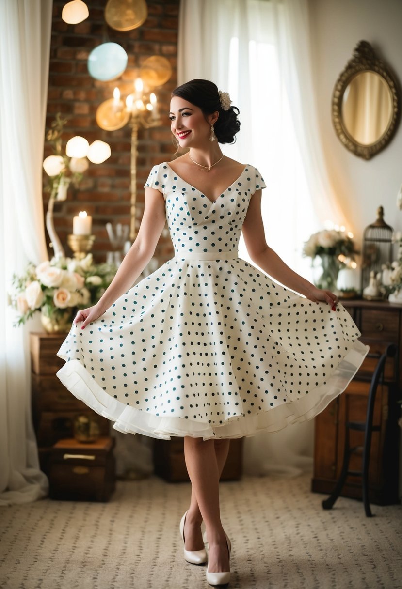 A bride twirls in a knee-length wedding dress with retro-inspired polka dots, surrounded by vintage decor and a whimsical atmosphere