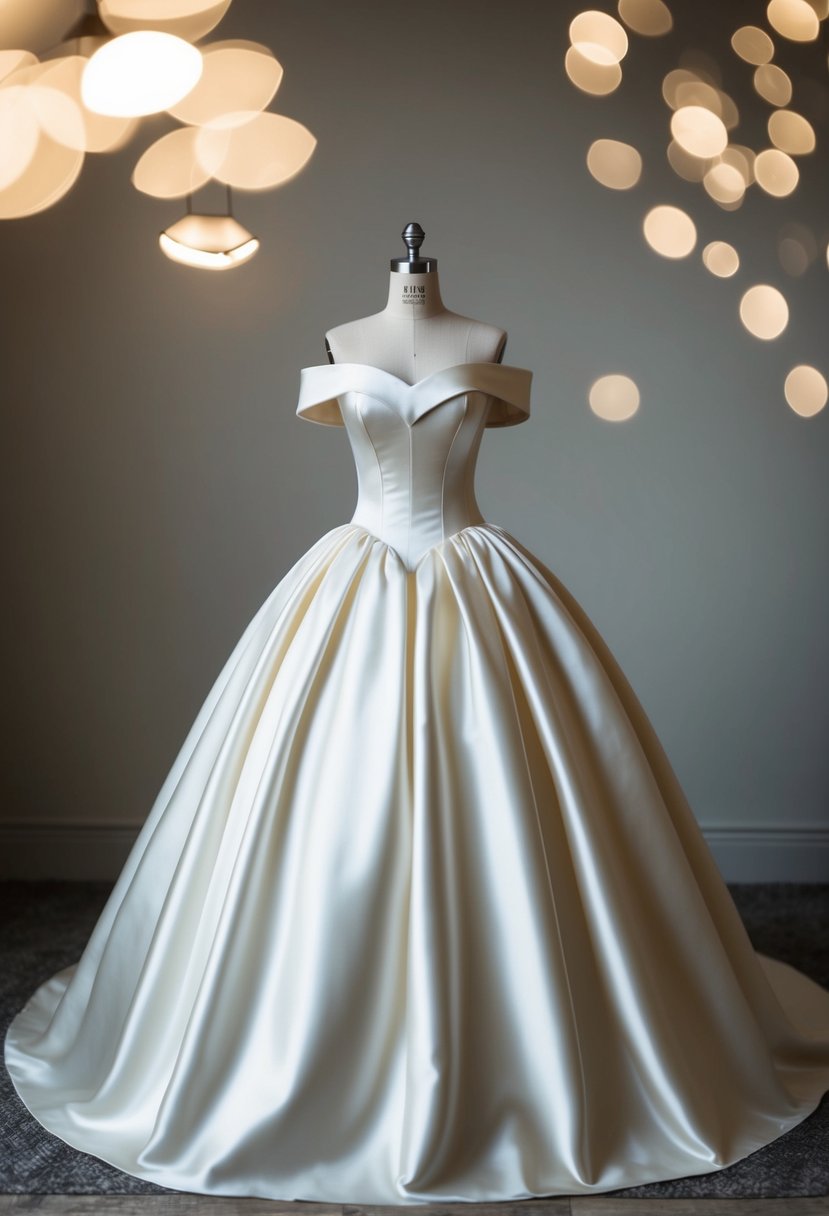 An elegant off-the-shoulder ball gown with a satin finish, reminiscent of 1800s wedding fashion