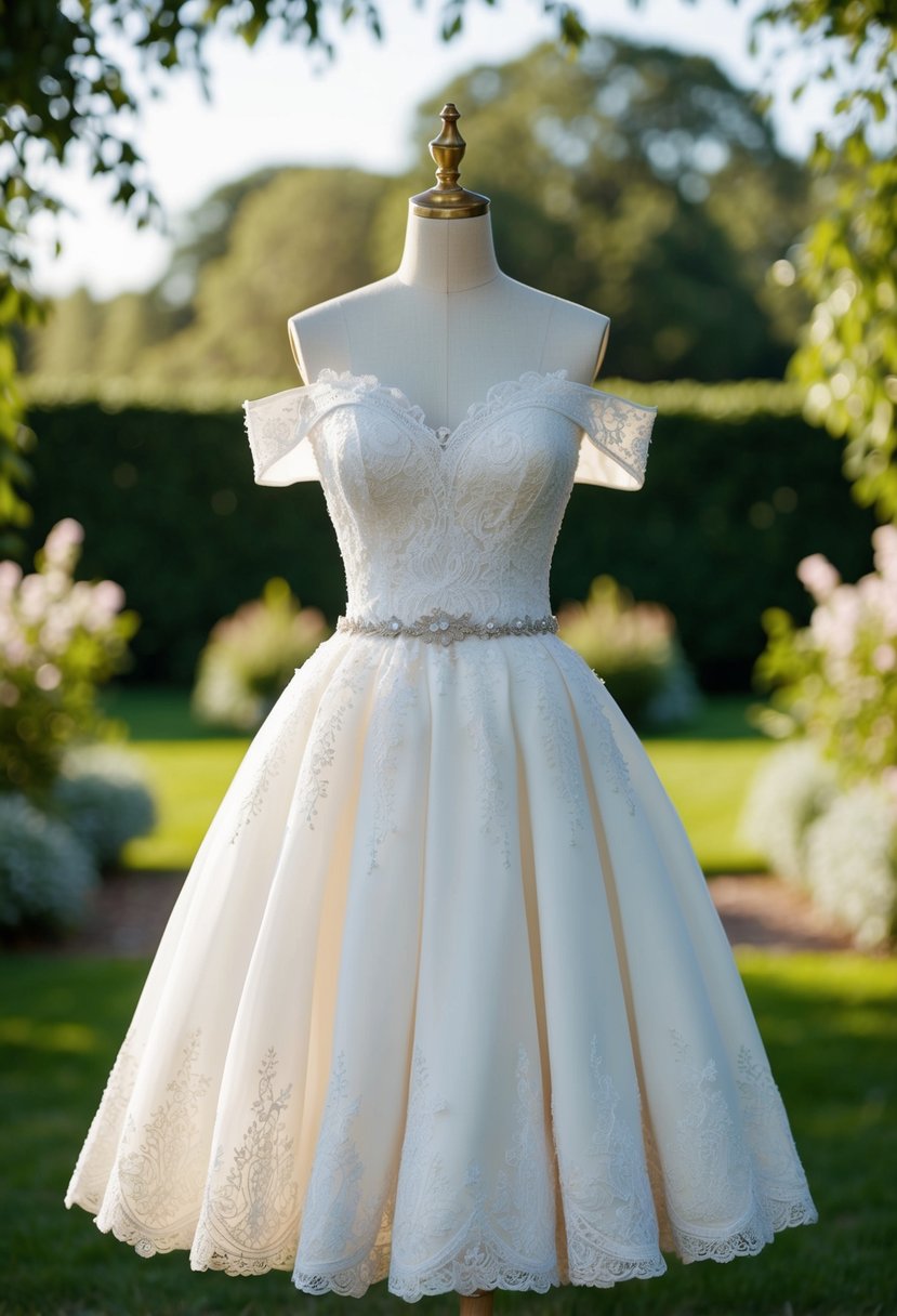 An elegant off-shoulder wedding dress with a knee-length skirt, adorned with delicate lace and intricate beading, set against a romantic garden backdrop