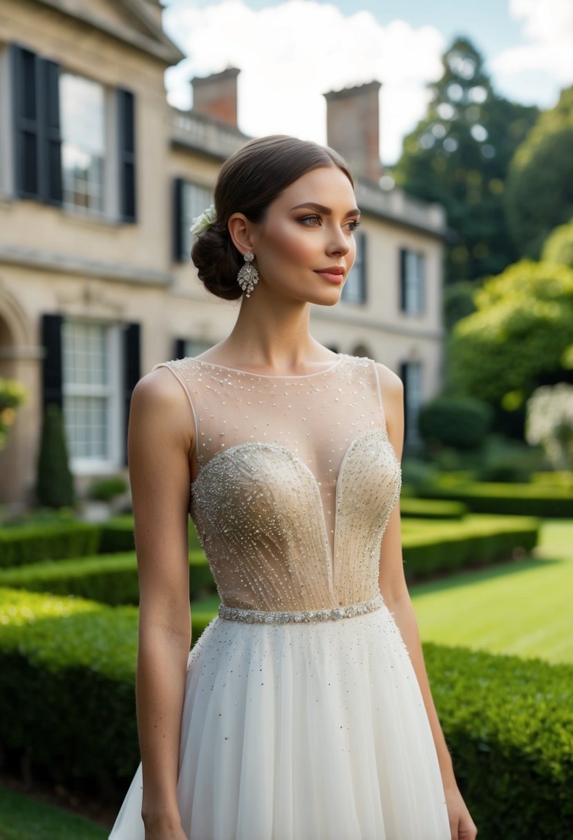 An elegant illusion neckline dress with a beaded bodice, set against a backdrop of 1800s architecture and lush garden