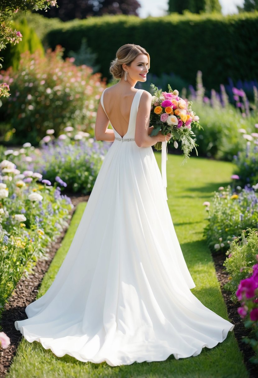 A bride in a flowing white gown stands in a garden, surrounded by blooming flowers and greenery. She holds a bouquet of vibrant flowers