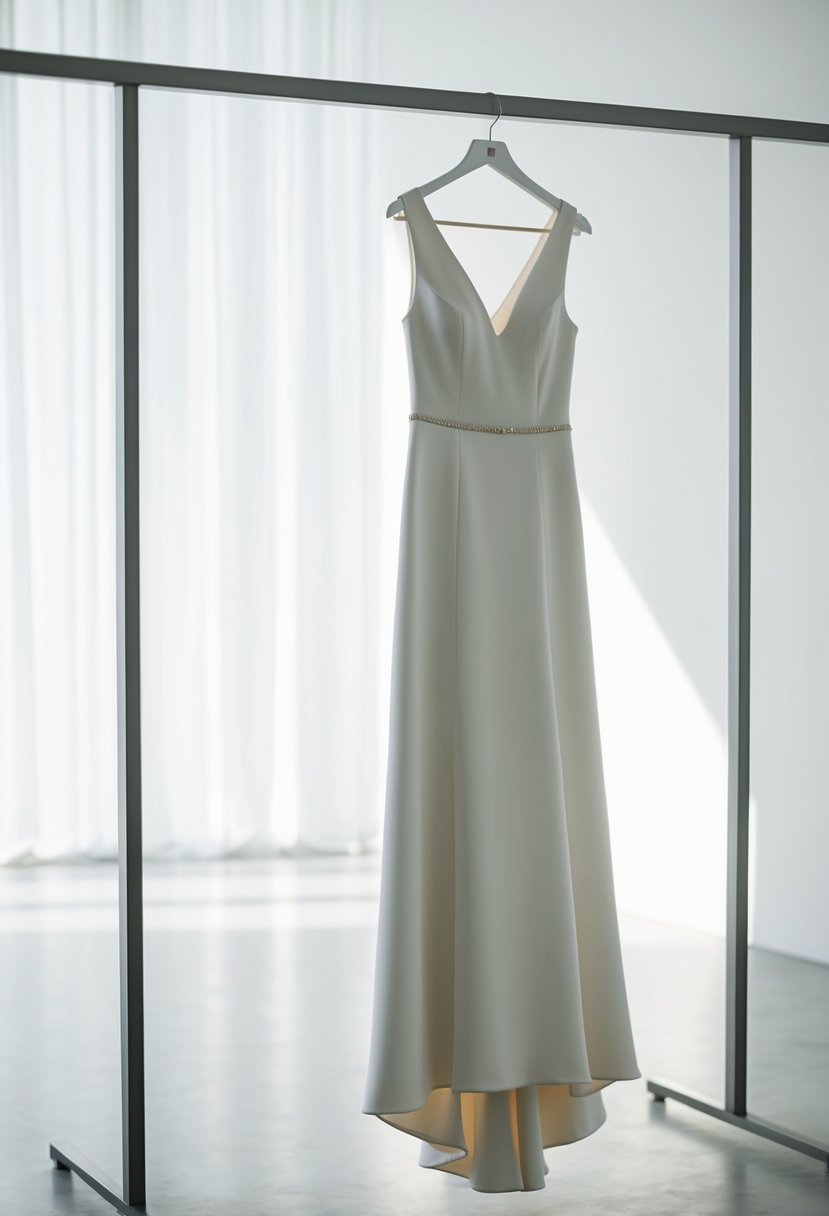 A simple, elegant A-line wedding dress hanging on a sleek, modern clothing rack in a minimalist, well-lit studio