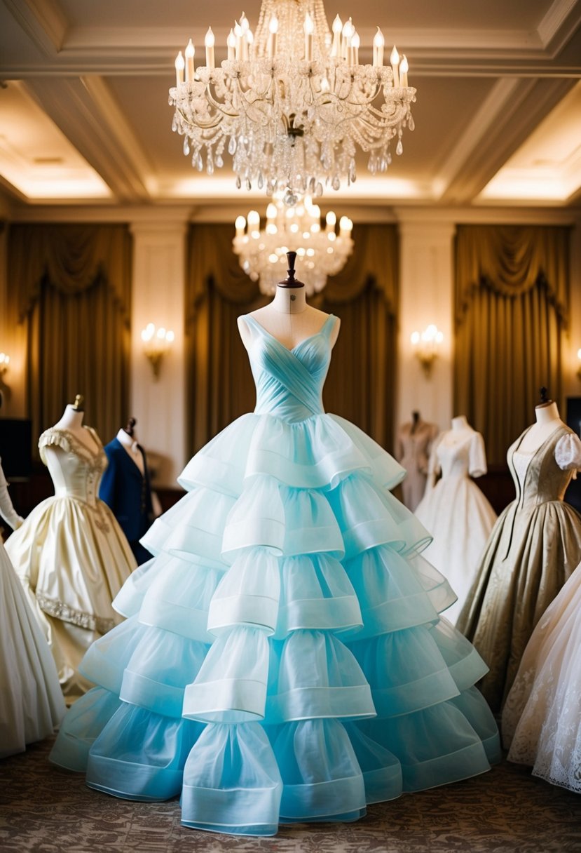 A grand ballroom with a cascading Cinderella-style tiered organza gown on a mannequin, surrounded by vintage 1800s gowns for wedding dress ideas