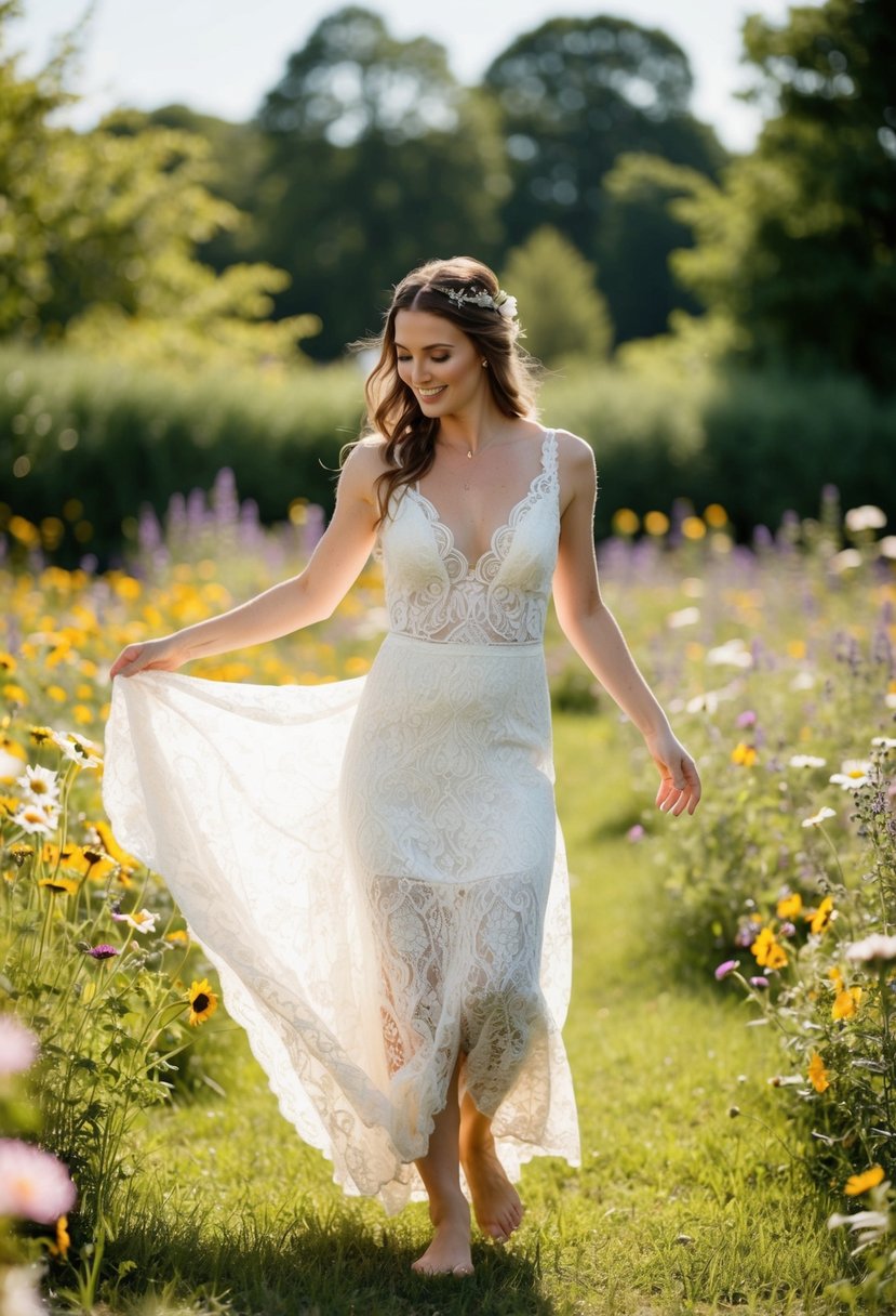 A bohemian bride in a lace gown dances barefoot in a sunlit garden, surrounded by wildflowers and draped in flowing fabric