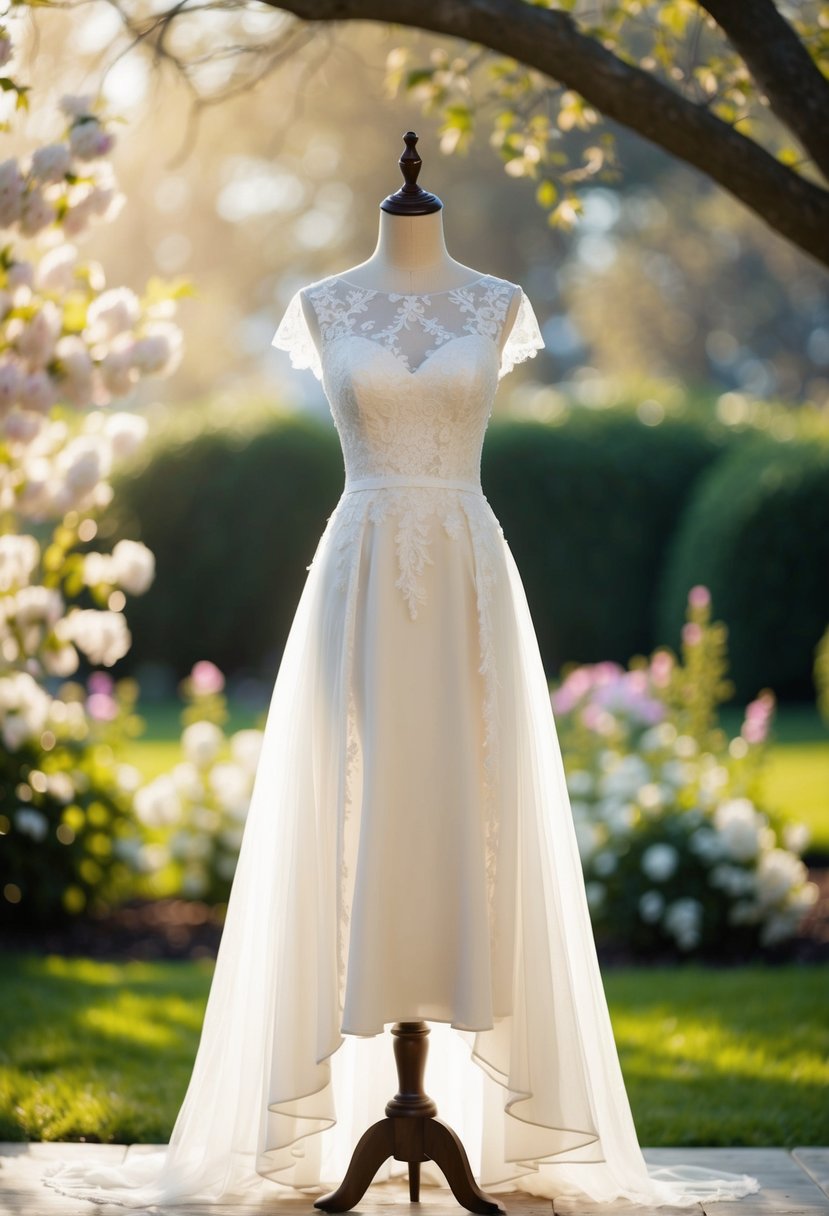 A knee-length wedding dress with a tulle overlay, delicate lace details, and a flowing A-line silhouette, set against a backdrop of a romantic garden with blooming flowers and soft sunlight filtering through the trees