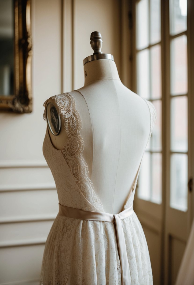 An elegant lace dress with an open back, draped on a mannequin in a vintage 1800s-inspired setting