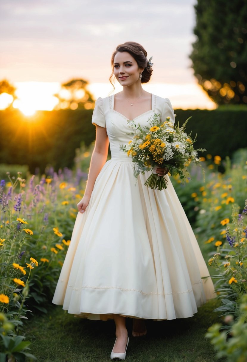 A bride in a vintage tea-length dress walks through a garden, holding a bouquet of wildflowers. The sun sets behind her, casting a warm glow on the scene