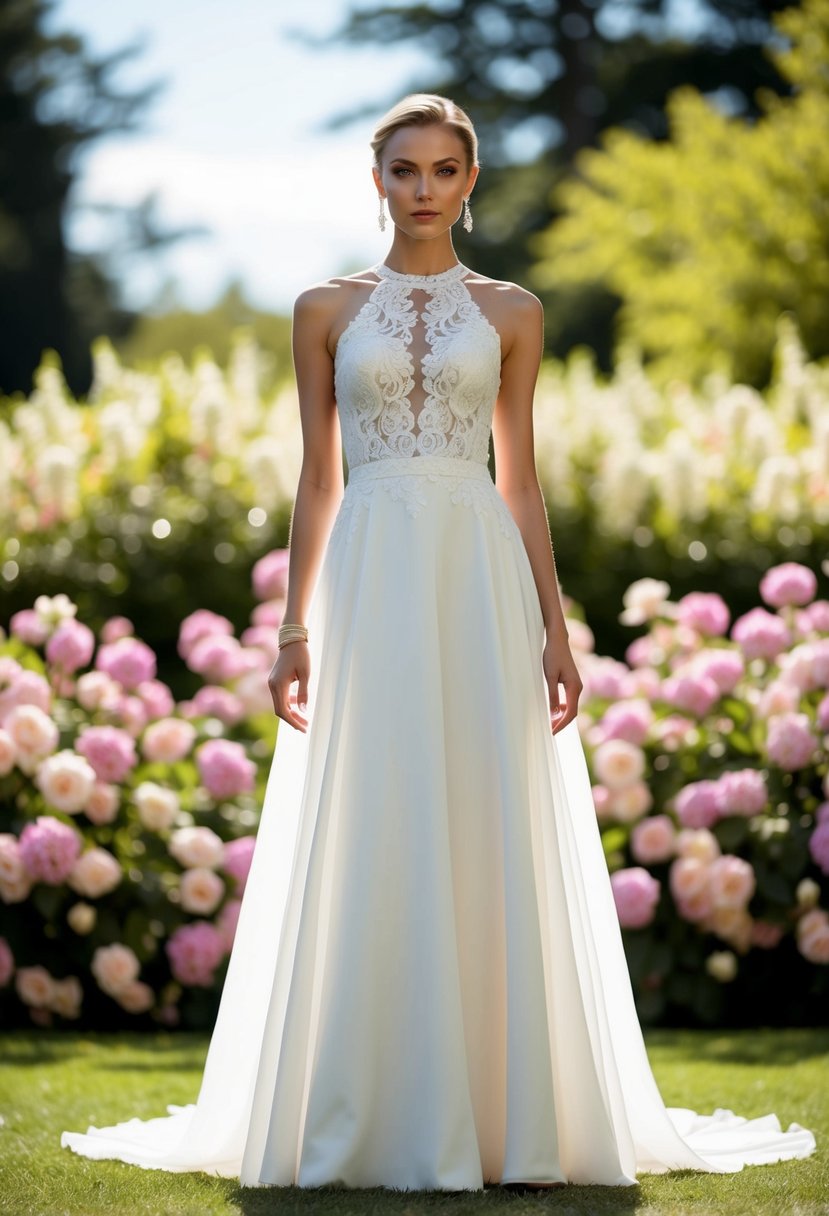 A bride stands in a bold halter neck knee-length wedding dress, with flowing fabric and intricate lace details, against a backdrop of blooming flowers and lush greenery