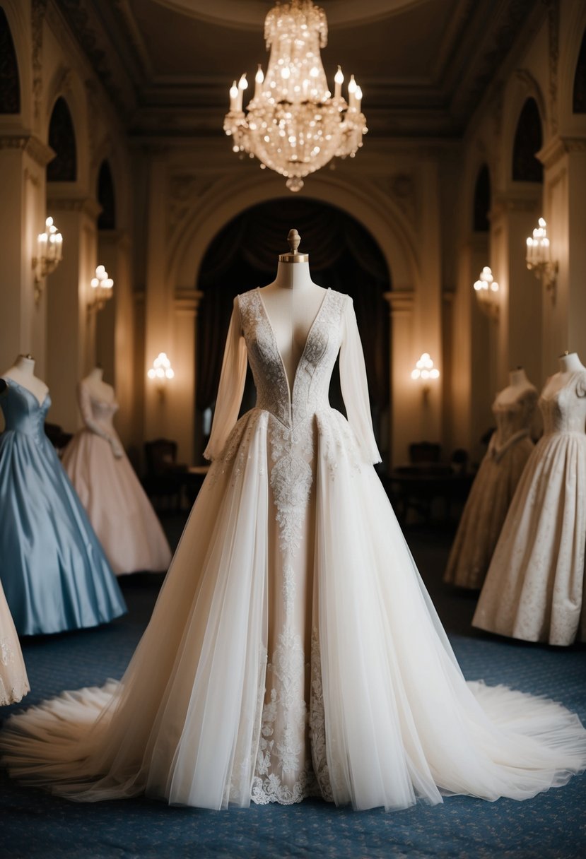 A grand ballroom with a spotlight on a dramatic plunging V-neck tulle gown from the 1800s, surrounded by vintage wedding dress ideas