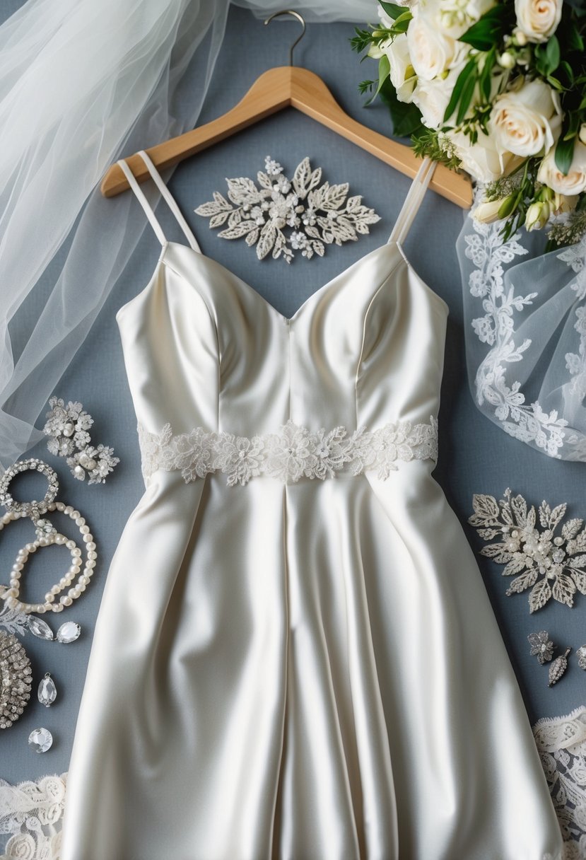 A satin slip dress hangs on a hanger, surrounded by delicate lace veils and sparkling bridal accessories