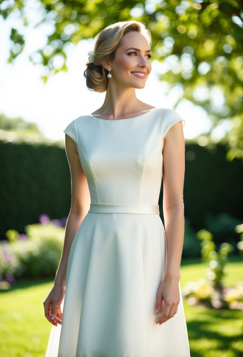 A bride stands in a sunlit garden, wearing a knee-length wedding dress with delicate cap sleeves. The dress has a classic, timeless design, and the bride looks radiant as she gazes into the distance