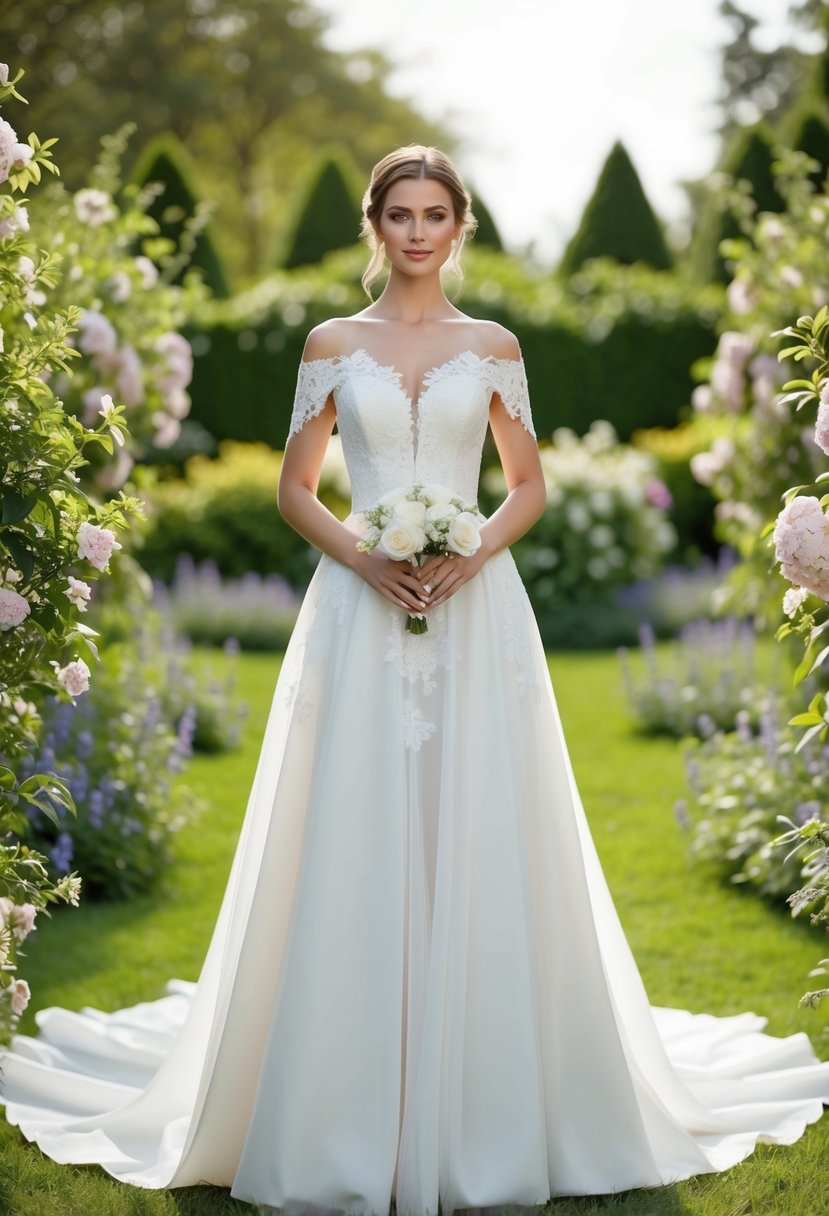 A bride standing in a garden, wearing an off-shoulder A-line wedding dress with delicate lace and flowing skirt, surrounded by blooming flowers and greenery