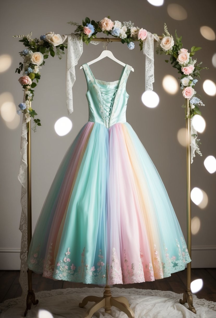 A pastel-colored fairy tale gown hangs on a vintage dress form surrounded by delicate lace and floral accents