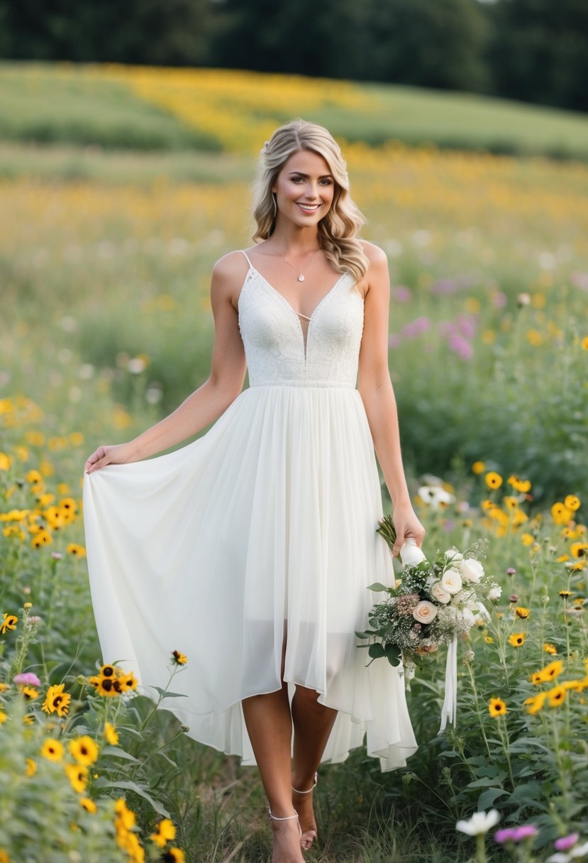 A bride in a flowy knee-length peasant style wedding dress, standing in a field of wildflowers