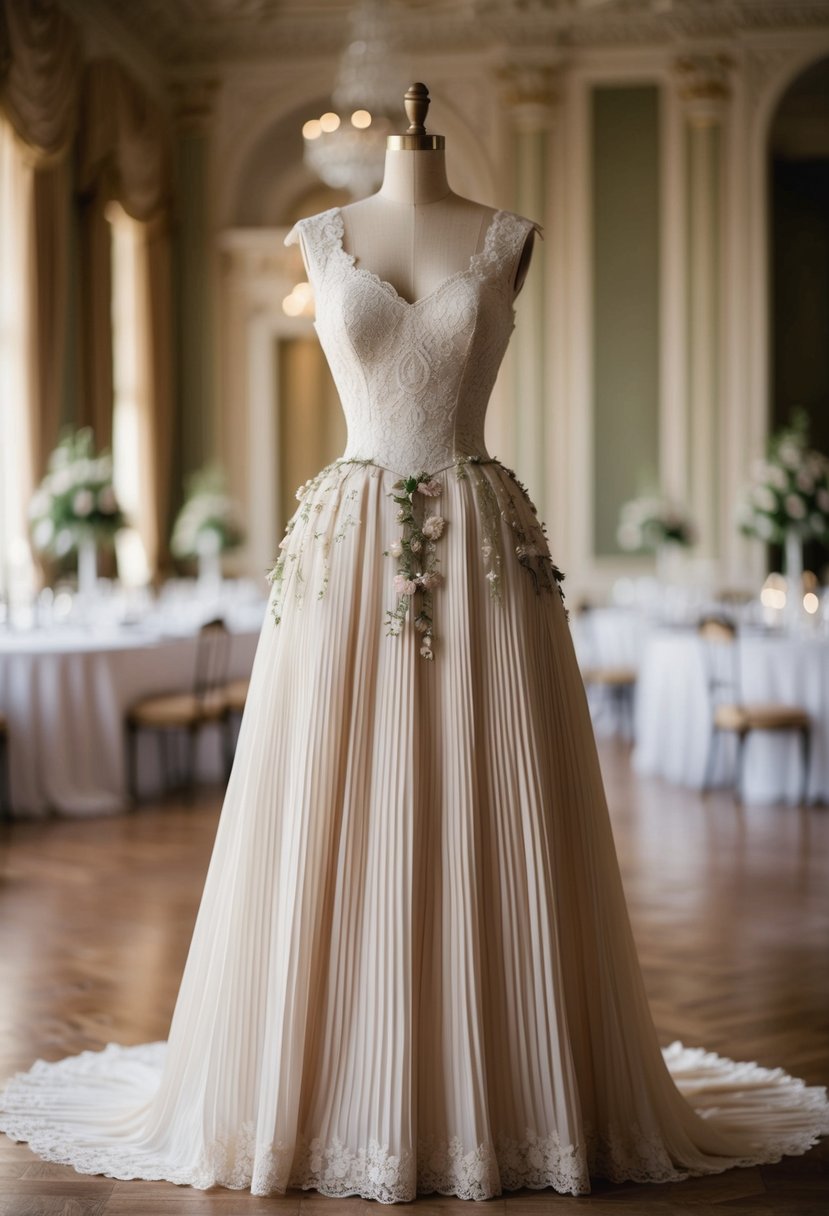 An elegant drop-waist gown with a pleated skirt, adorned with intricate lace and delicate floral details, set against a backdrop of a grand ballroom from the 1800s