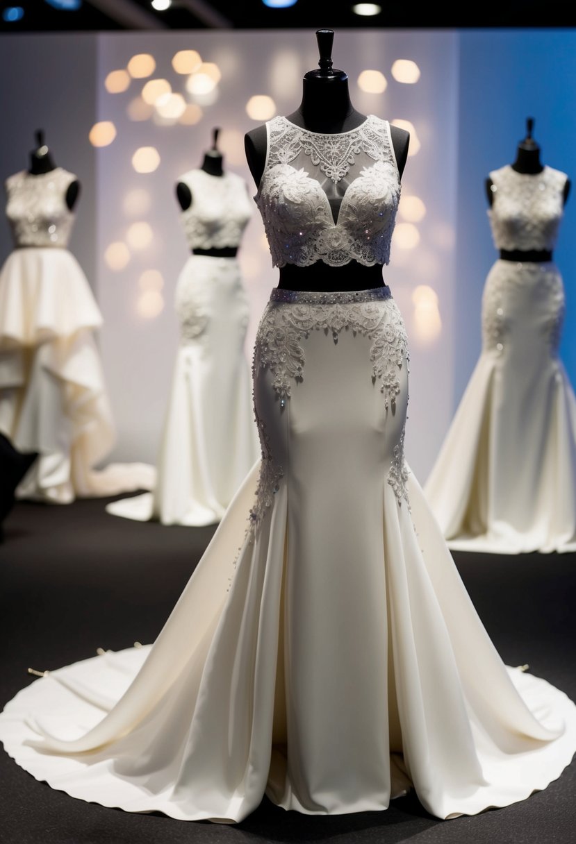 A modern two-piece wedding ensemble displayed on a mannequin, featuring a sleek top and flowing skirt with intricate lace and beading details