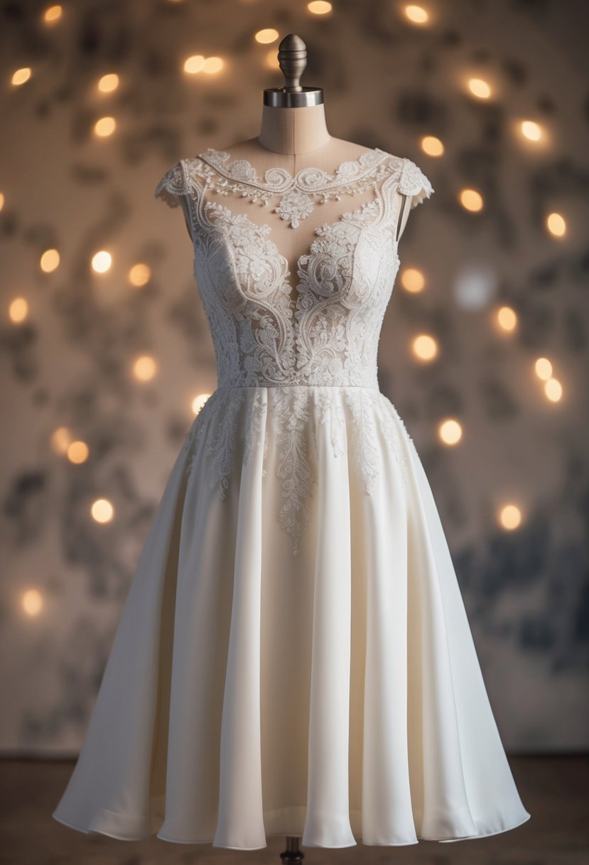 A knee-length wedding dress with an intricately embroidered bodice, delicate lace details, and a flowing skirt