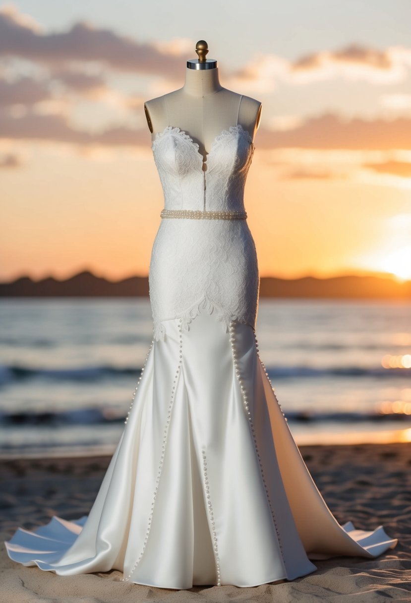 A mermaid silhouette wedding dress with lace and pearl details, set against a romantic beach sunset