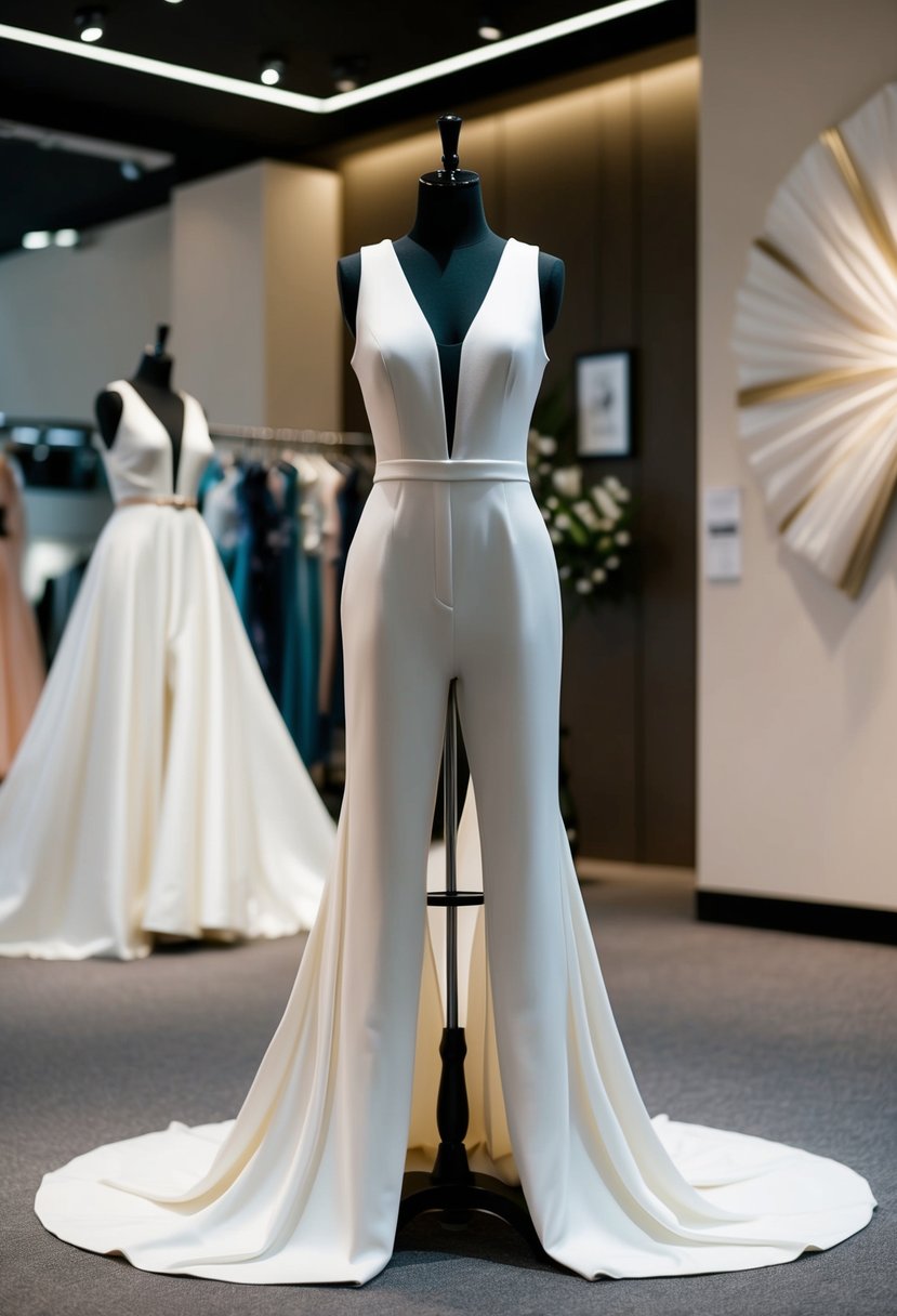 A chic jumpsuit with a flowing train displayed on a mannequin in a modern bridal boutique