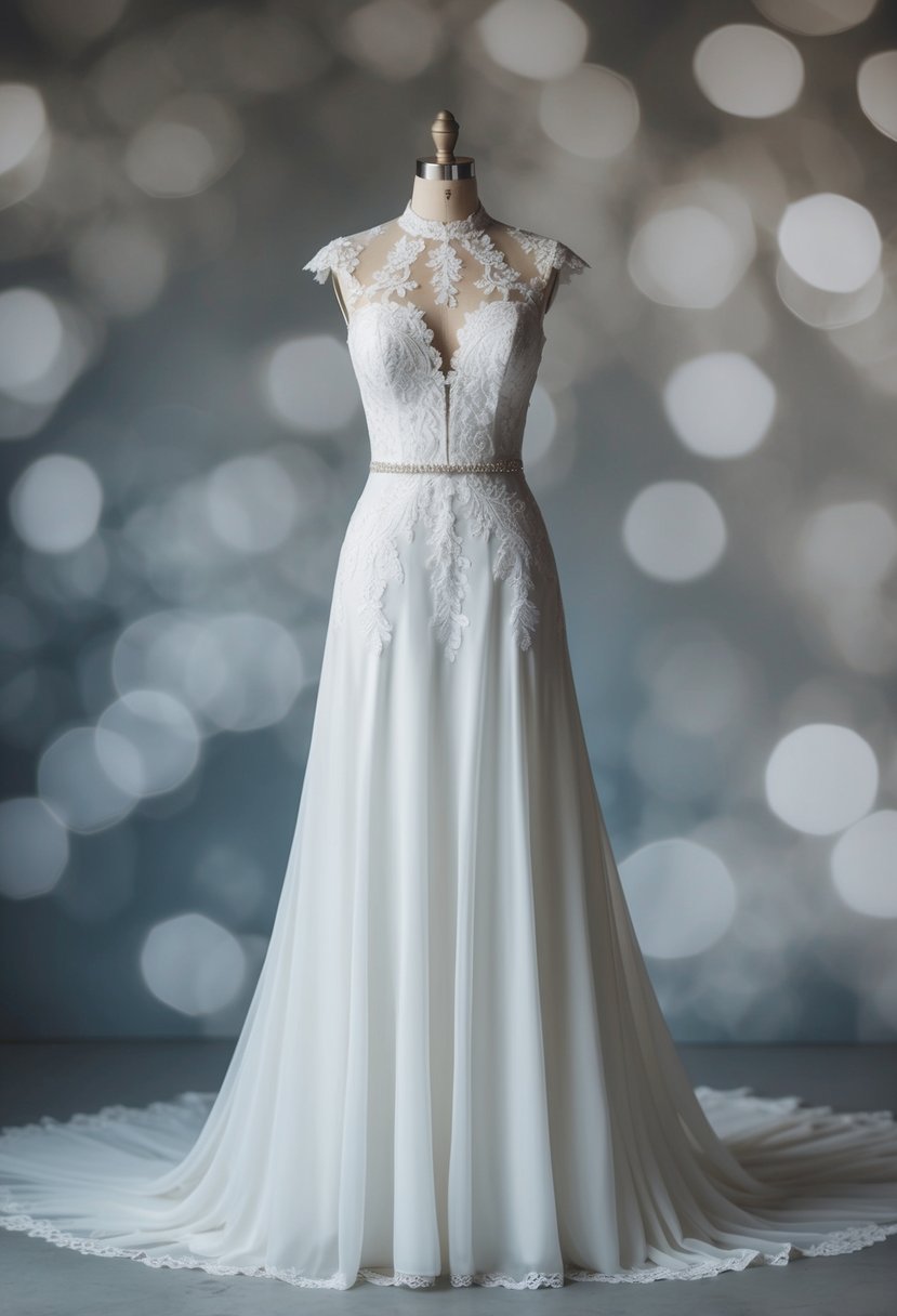 A flowing, floor-length wedding dress with intricate lace detailing and a modest, high-necked design