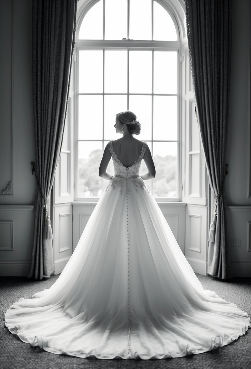 A bride stands in a grand ballroom, her high-low hem wedding dress flowing elegantly as she gazes out a large window