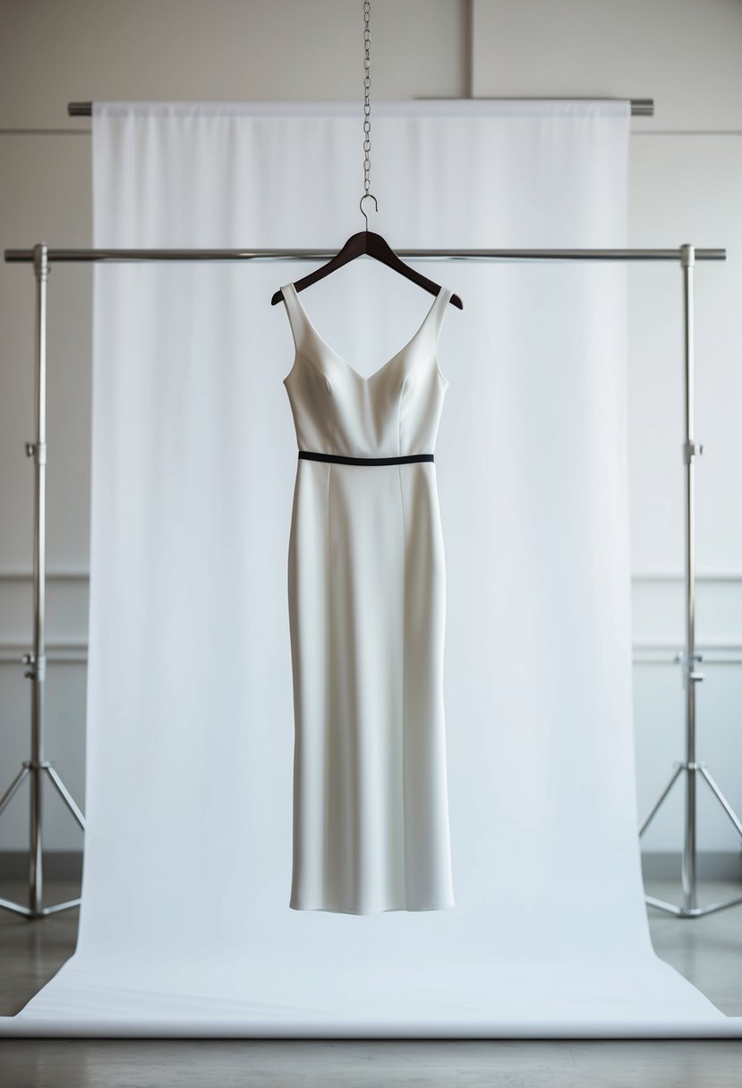 A simple, elegant sheath dress hangs on a sleek modern hanger against a clean, white backdrop