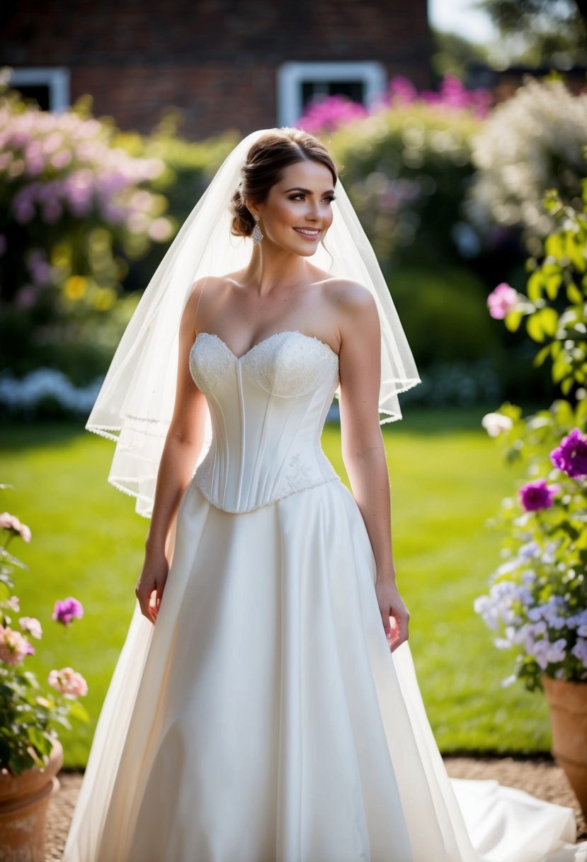 A bride in a corset top wedding dress, standing in a garden with blooming flowers and a flowing veil