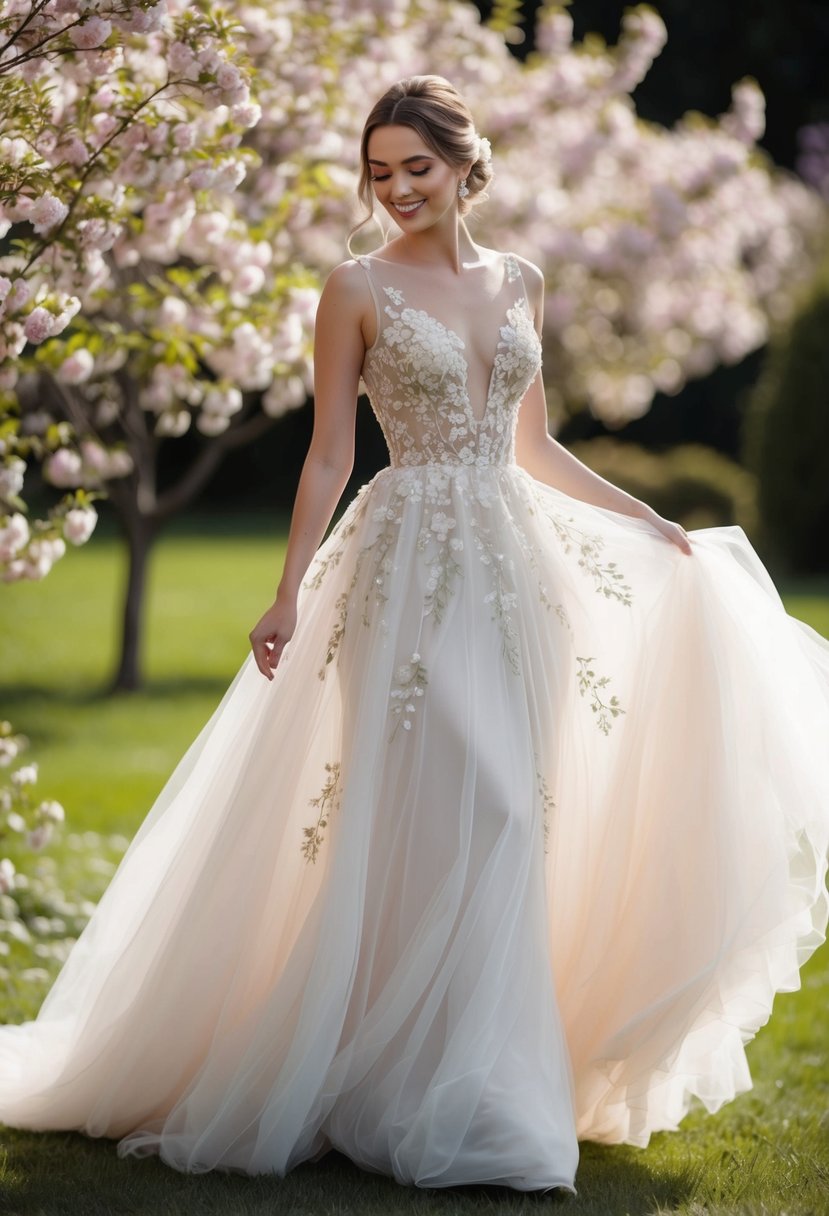 A bride twirls in a floor-length tulle gown adorned with delicate floral embroidery, surrounded by a garden of blossoms