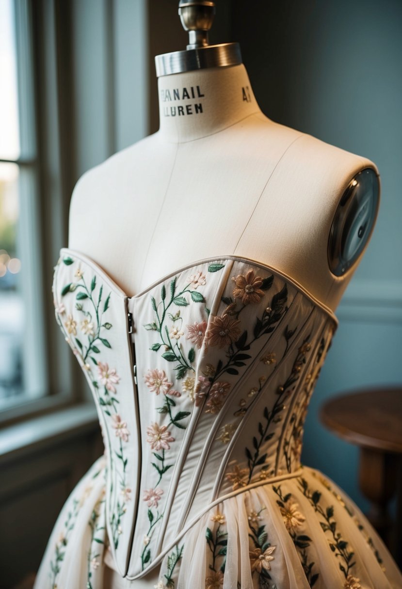 A delicate floral embroidered corset gown draped elegantly over a mannequin