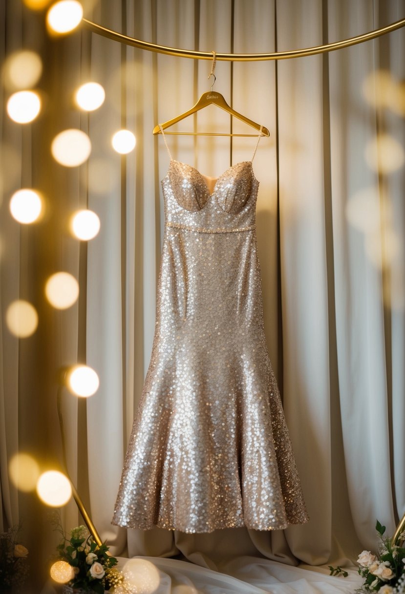 A sparkly sequined gown hangs on a golden hanger, surrounded by soft lighting and luxurious fabric