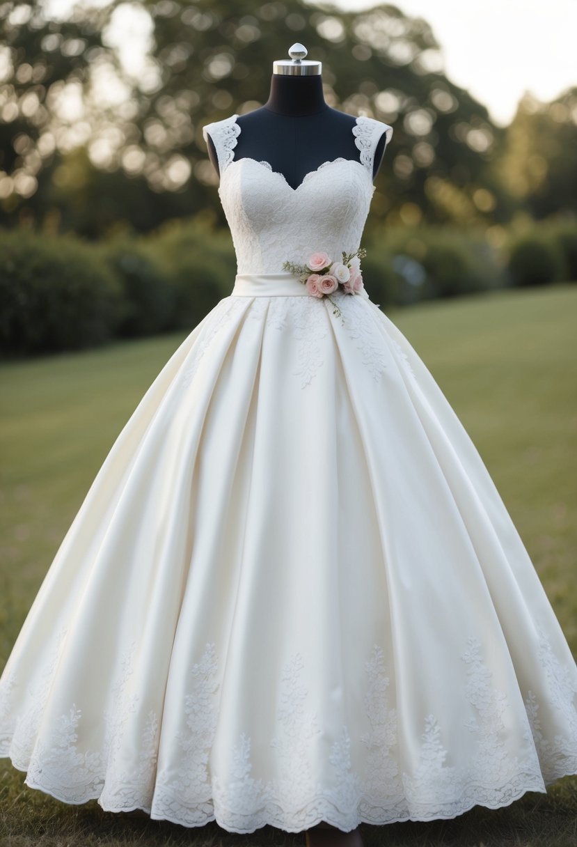 A lace-trimmed tea-length wedding dress with a full skirt and a sweetheart neckline, adorned with delicate floral appliques and a satin sash