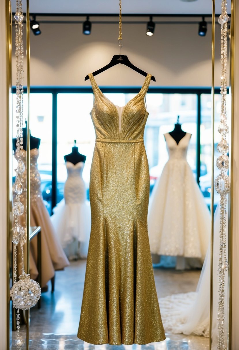 A glitzy gold cocktail dress hangs on a mannequin in a luxurious bridal boutique, surrounded by sparkling accessories and elegant wedding gowns