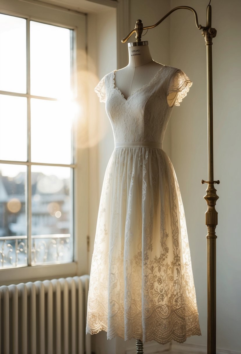 A lace tea-length dress with scalloped edges hangs on a vintage mannequin in a sunlit room