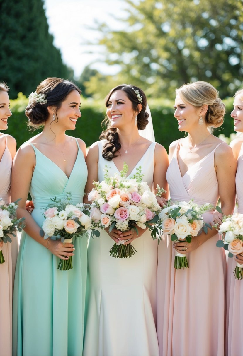 A sunny garden wedding with pastel-colored bridesmaid dresses and floral bouquets