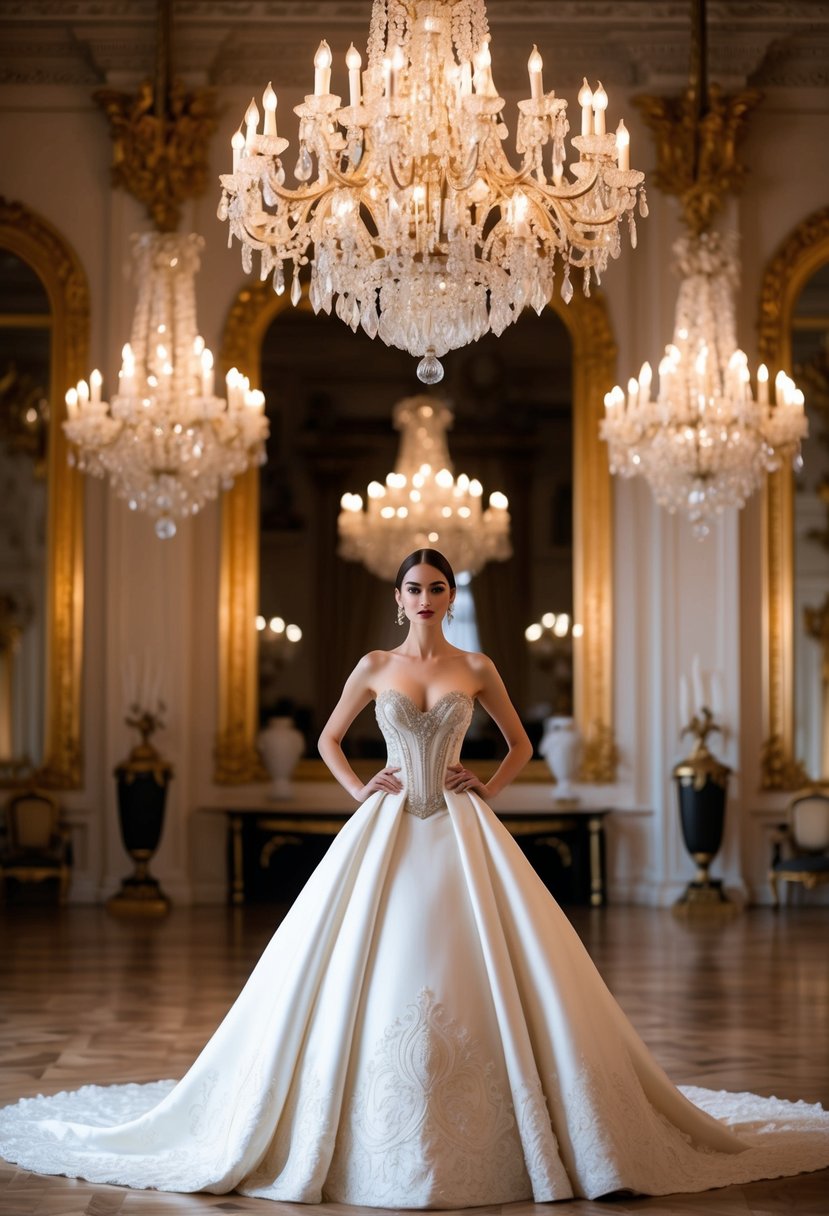 A grand ballroom with ornate chandeliers and opulent decor, featuring a regal corset top wedding dress design by Galia Lahav inspired by the elegance of the Elysee Palace