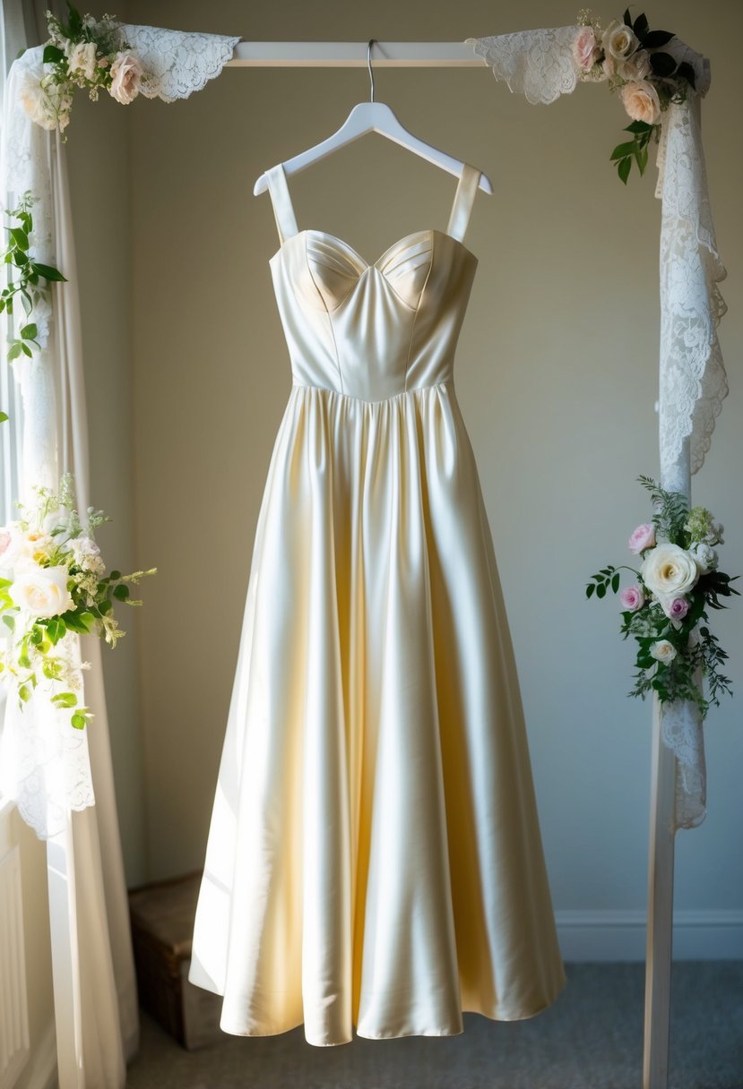 A vintage satin gown with a sweetheart neckline hangs on a dress form in a sunlit room, surrounded by delicate lace and floral accents