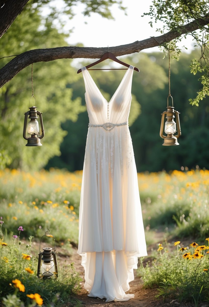 A flowing, bohemian-style wedding dress hangs from a tree branch in a forest clearing, surrounded by wildflowers and vintage lanterns