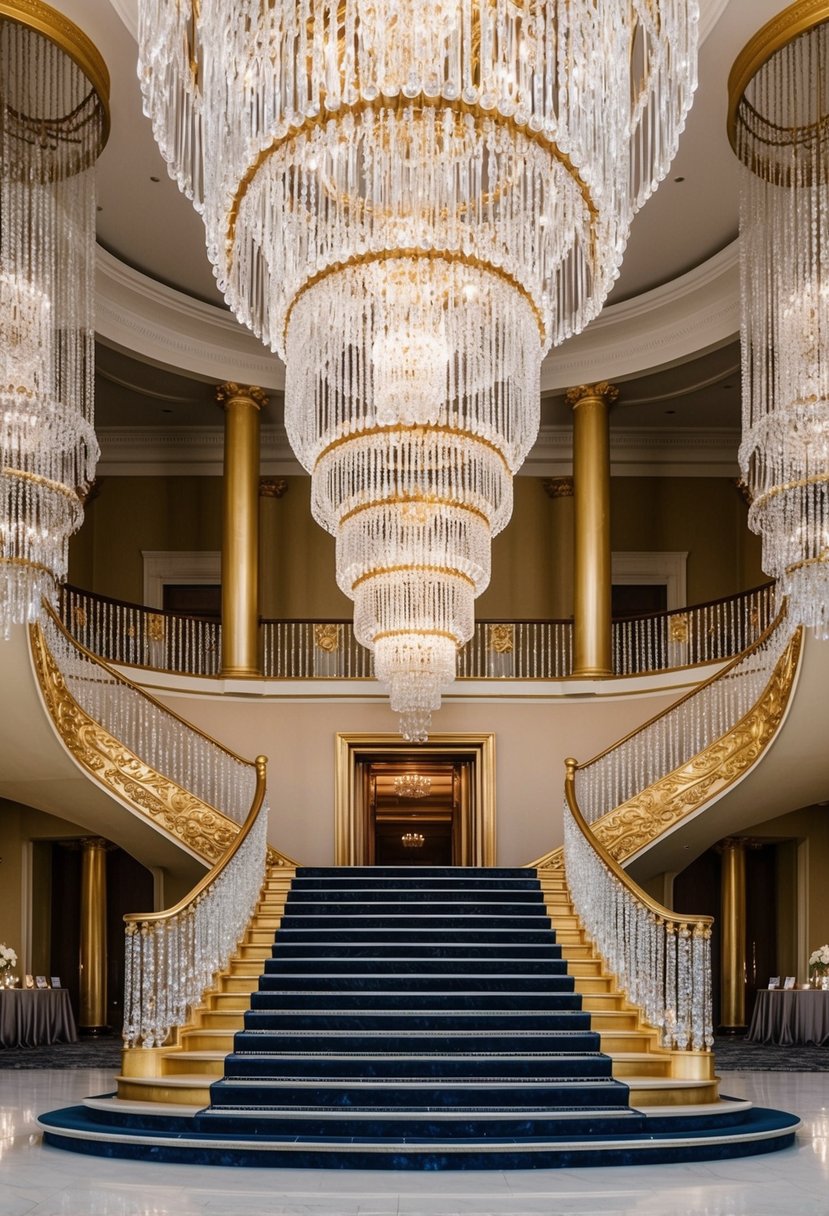 A grand ballroom with cascading crystal chandeliers, opulent gold trimmings, and a majestic staircase leading to a grand entrance