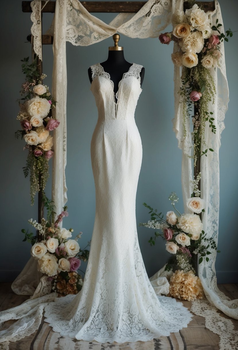 A vintage lace mermaid dress hangs on a tailor's mannequin, surrounded by antique lace and floral details