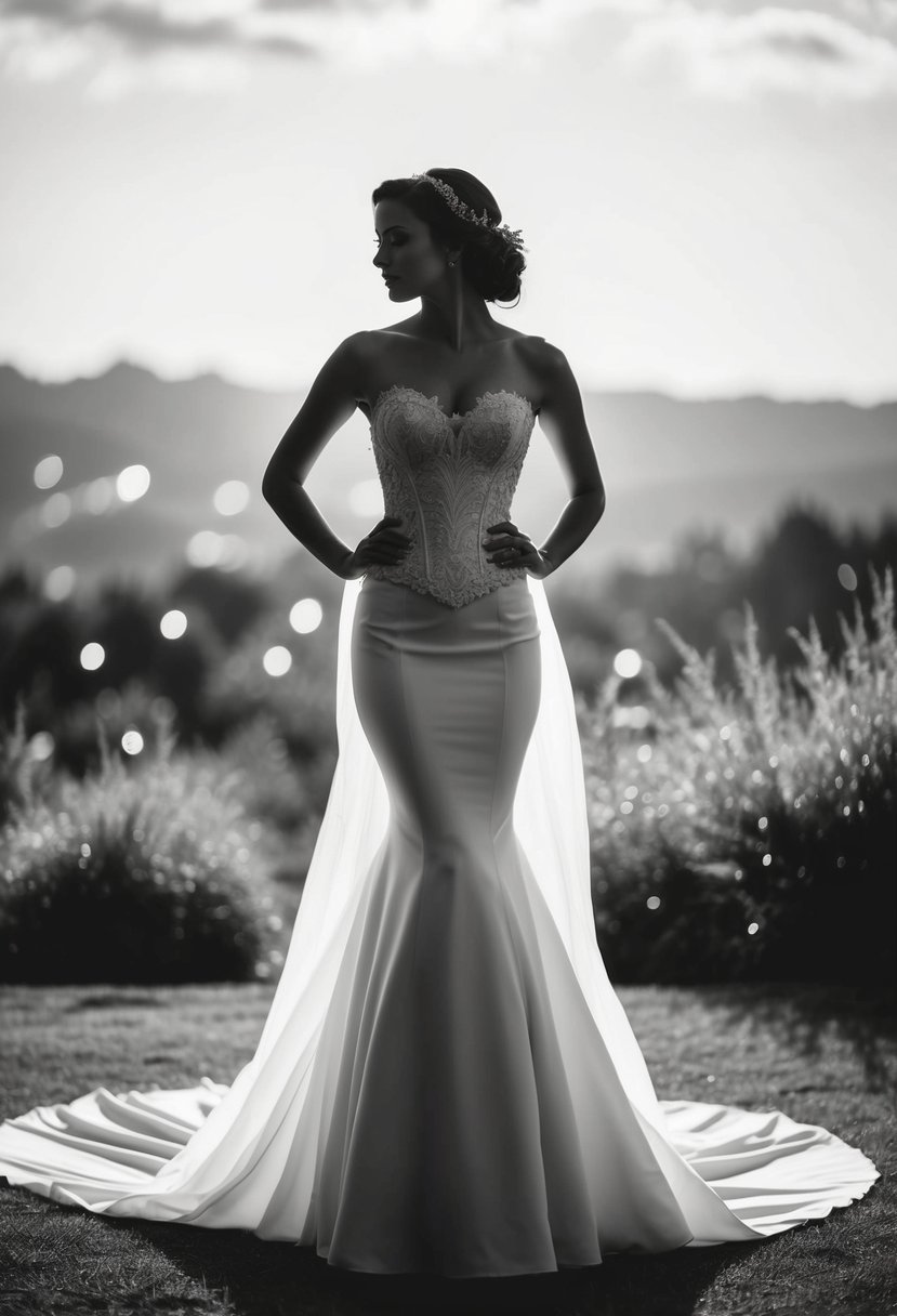 A mermaid silhouette in an embroidered corset top wedding dress, with flowing fabric and intricate details