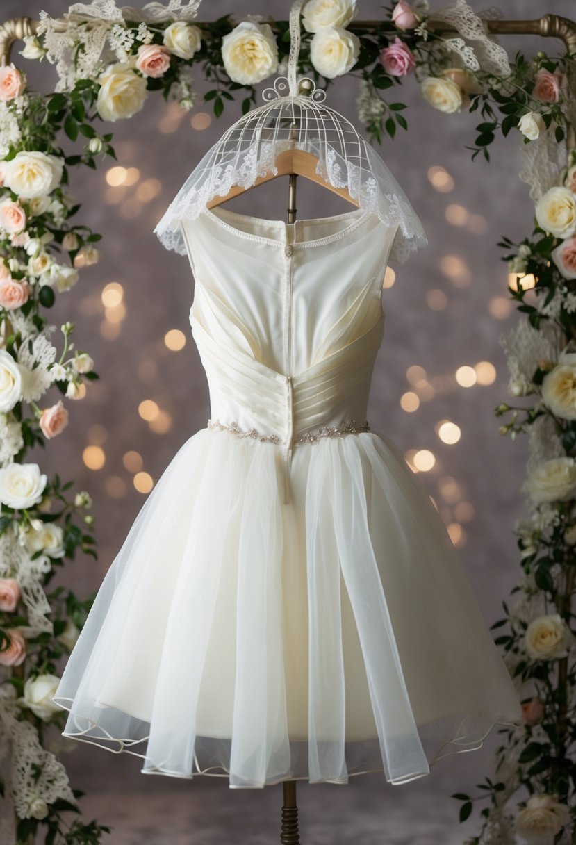 A short organza dress with a birdcage veil hangs on a vintage dress form surrounded by delicate lace and floral accents